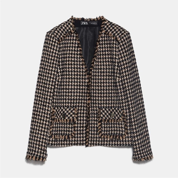Zara Wool Tweed Houndstooth Boxy Fringe Hem Blazer Neutral Jacket size Small - Picture 4 of 13